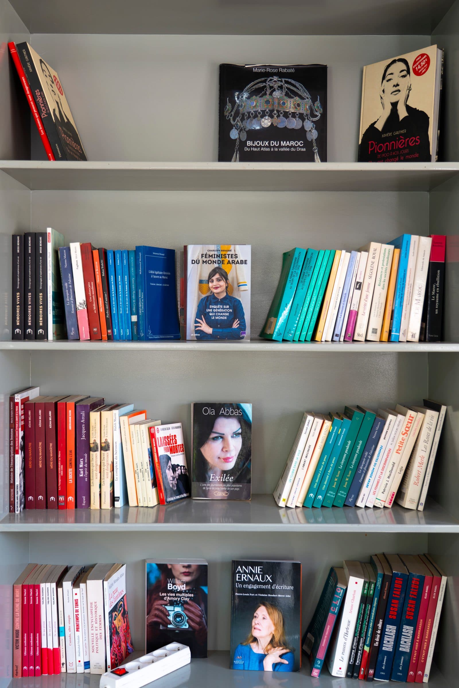 Une étagère : « Pionnières », « Féministes du monde arabe », Annie Ernaux
